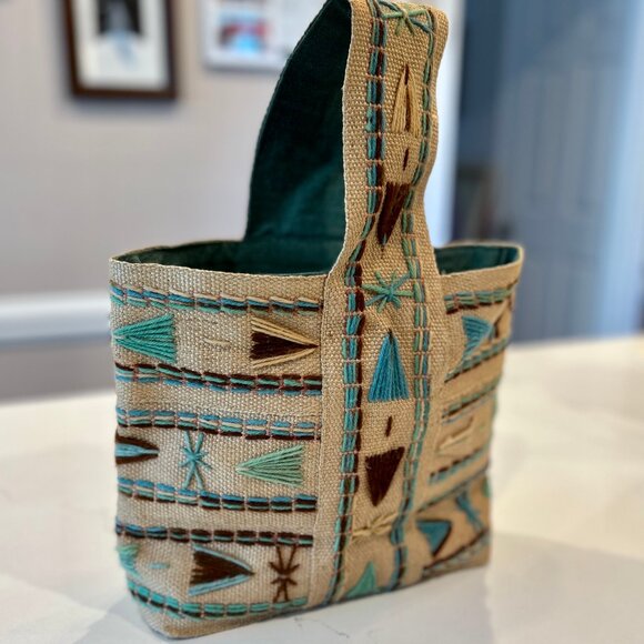 Vintage Jute Market Mini Tote Bag Handmade with Turquoise and Brown Boho Pattern - Picture 7 of 7